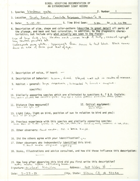 Rae bird documentation for a Western Grebe at Sandy Beach at Coralville Reservoir in Johnson County, IA on May 10, 1981.