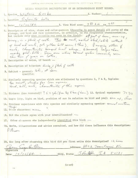 Rare bird documentation form for a Western Grebe at Saylorville Lake in Polk County, IA on October 26, 1984.