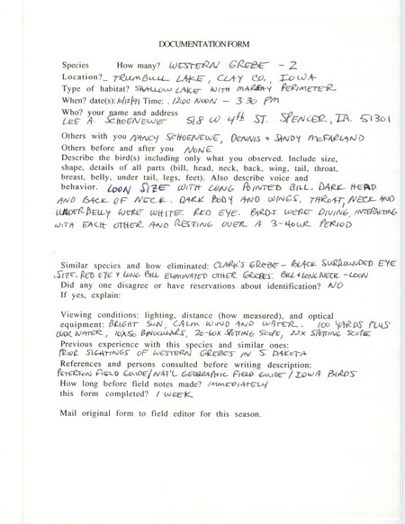Rare bird documentation form for two Western Grebes at Trumbull Lake at Clay County, IA on October 12, 1991.