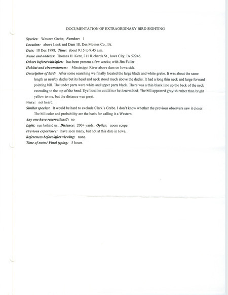 Rare bird documentation form for a Western Grebe at Lock and Dam 18 in Des Moines County, IA on December 18, 1998.