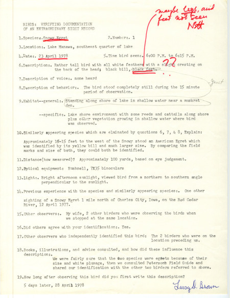 Rare bird documentation form with handwritten annotations for a Snowy Egret at Lake Manawa in Pottawattamie County, IA on April 23, 1978.