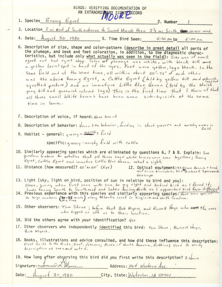 Rare bird documentation form for a Snowy Egret at Sweet March in Bremer County, IA on August 30, 1980.