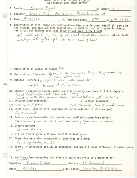 Rare bird documentation form for a Snowy Egret at Diamond Lake in Poweshiek County, IA on April 23, 1981.