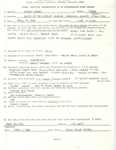Rare bird documentation form for three Snowy Egrets at Albion in Marshall County, IA on April 27, 1984.