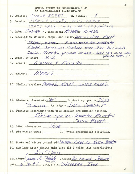 Rare bird documentation form for a Snowy Egret at Mill Creek State Park in O'Brien County, IA on May 12, 1984.