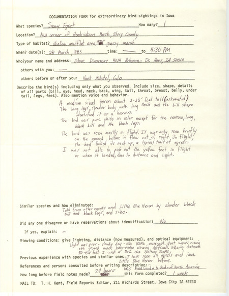 Rare bird documentation form for a Snowy Egret at Hendrickson March in Story County, IA on March 28, 1985.