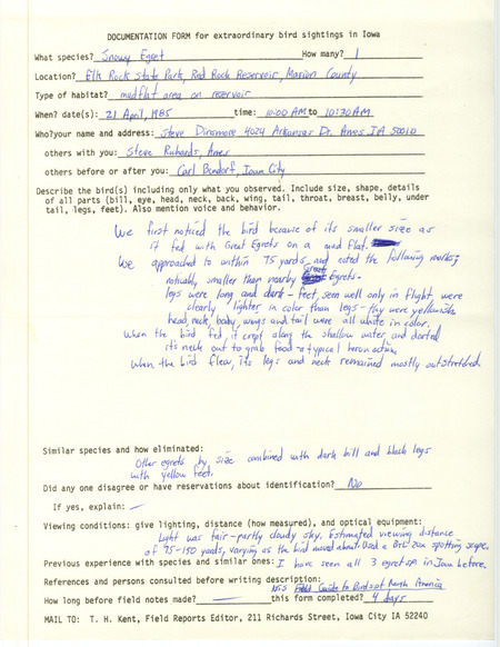 Rare bird documentation form for a Snowy Egret at Elk Rock State Park in Marion County, IA on April 21, 1985.