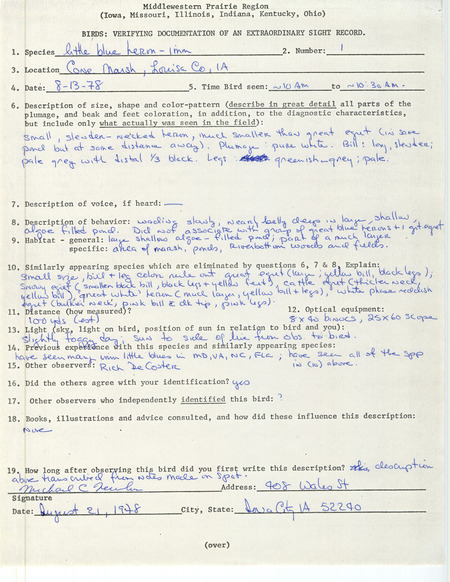 Rare bird documentation form for a Little Blue Heron at Cone March in Louisa County, IA on August 13, 1978.