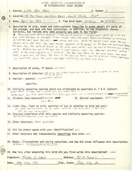 Rare bird documentation form for a Little Blue Heron at Cone March in Louisa County, IA on April 30, 1982.