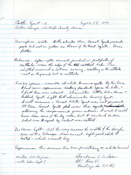 Rare bird documentation for two Cattle Egrets by Barbara Wilson at Willow Slough in Mills County, IA on September 6, 7, and 8, 1979.
