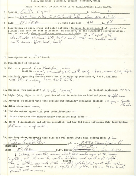 Rare bird documentation form for a Cattle Egret at Des Moines River Valley at Saylorville Lake in Polk County, IA on August 2, 1984.