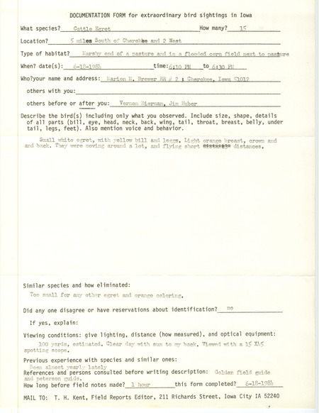 Rare bird documentation for fifteen Cattle Egrets near Cherokee in Cherokee County, IA on June 18, 1984.