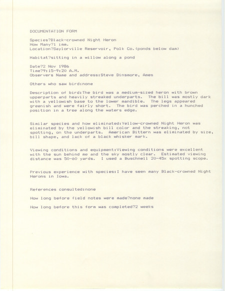 Rare bird documentation form for a Black-crowned Night Heron at Saylorville Reservoir in Polk County, IA on November 2, 1986.