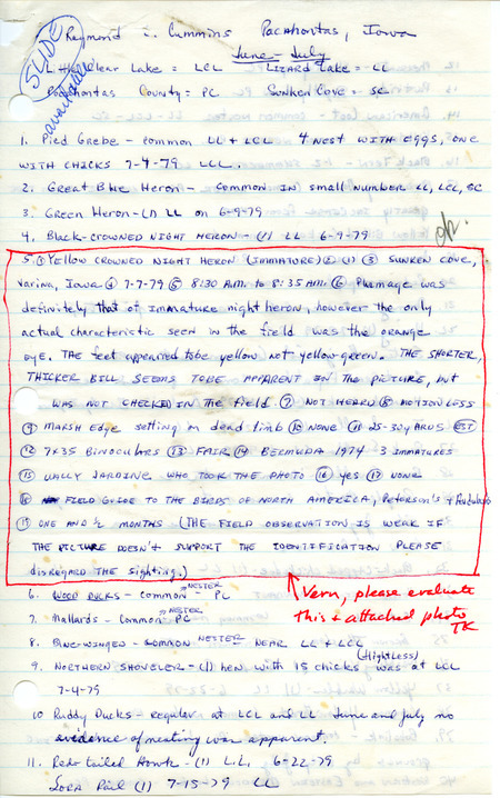 Documentations of bird sightings by Raymond Cummins in 1979. A notable sighting of a Yellow-crowned Night Heron at Sunken Cove in Varina in Pocahontas County, IA on July 7, 1979 is mentioned.