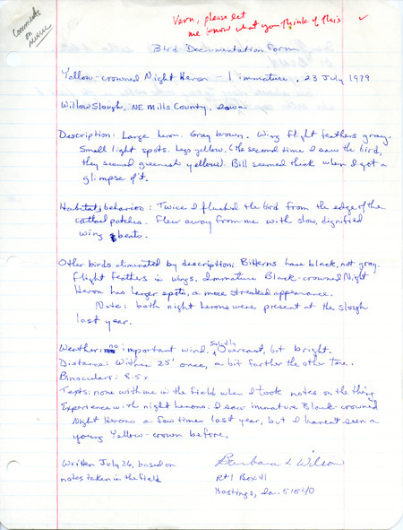 Rare bird documentation form for a Yellow-crowned Night Heron at Willow Slough in Mills County, IA on July 23, 1979.