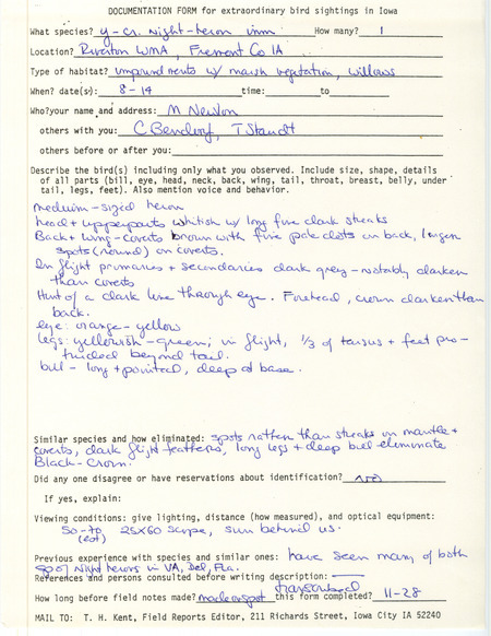 Rare bird documentation form for a Yellow-crowned Night Heron at Riverton Wildlife Management Area in Fremont County, IA on August 14, 1981.