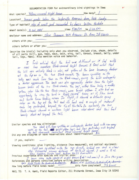 Rare bird documentation form for a Yellow-crowned Night Heron at Saylorville Reservoir dam in Polk County in October 11, 1985.