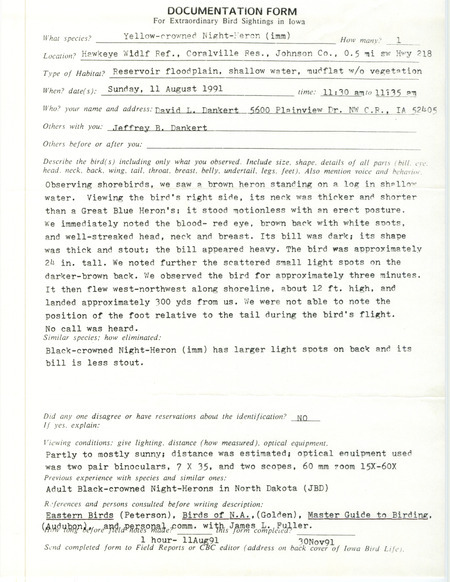 Rare bird documentation form for a Yellow-crowned Night Heron at Hawkeye Wildlife Management Area in Johnson County, IA on August 11, 1991.