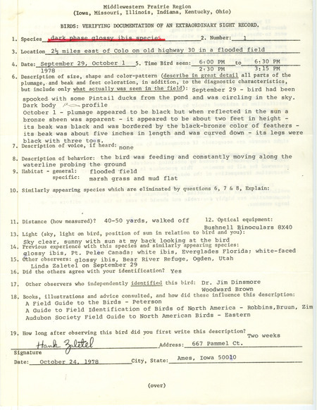 Rare bird documentation form for an Ibis species at Colo in Story County, IA on September 29, 1978.