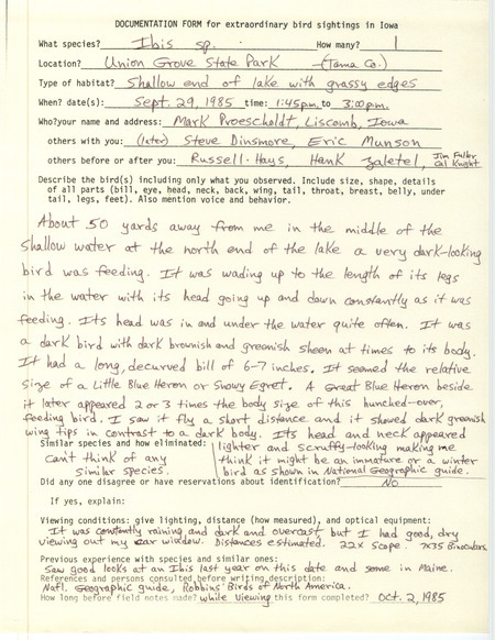 Rare bird documentation form an Ibis species at Union Grove State Park in Tama County, IA on September 29, 1985.