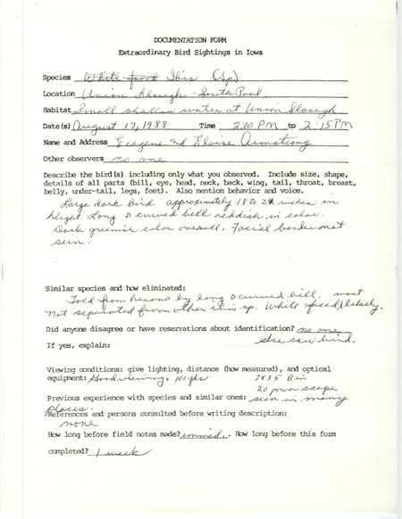 Rare bird documentation form for Ibis species at Union Slough in Kossuth County, IA on August 17, 1988.