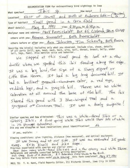 Rare bird documentation form for an Ibis species east of Jewell and south of Anderson Lake in Hamilton County, IA on May 8, 1991.