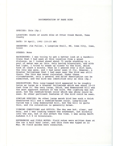 Rare bird documentation form for an Ibis species at Otter Creek March in Tama County, IA on April 30, 1992.