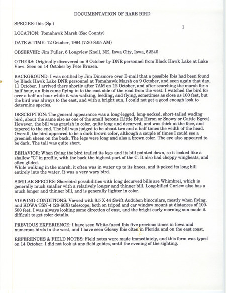 Rare bird documentation form for an Ibis species at Tomahawk March in Sac County, IA on October 12, 1994.