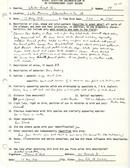 Rare bird documentation form for fourteen White-faced Ibises at Lake Manawa in Pottawattamie County, IA on May 13, 1981.