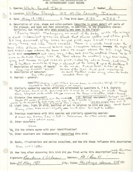 Rare bird documentation form for two White-faced Ibises at Willow Slough in Mills County, IA on May 19, 1981.