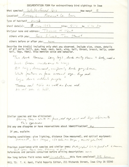 Rare bird documentation form for two White-faced Ibises at Forneys Lake in Fremont County, IA on May 13, 1982.