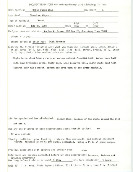 Rare bird documentation form for a White-faced Ibis at Cherokee Airport in Cherokee County, IA on May 29, 1986.