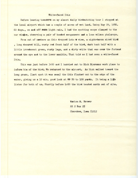 Rare bird documentation form for a White-faced Ibis at Cherokee Airport in Cherokee County, IA on May 29, 1986.