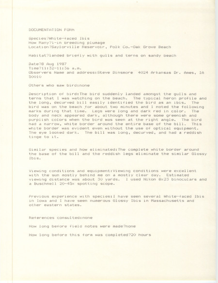 Rare bird documentation form for a White-faced Ibis at Oak Grove Beach in Saylorville Reservoir in Polk County, IA on August 8, 1987.
