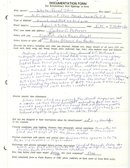 Rare bird documentation form for a White-faced Ibis at Cone March in Louisa County, IA on April 23, 1990.