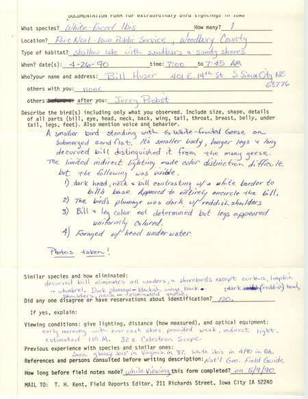 Rare bird documentation form for a White-faced Ibis at Port Neal--Iowa Public Service in Woodbury County, IA on April 26, 1990.