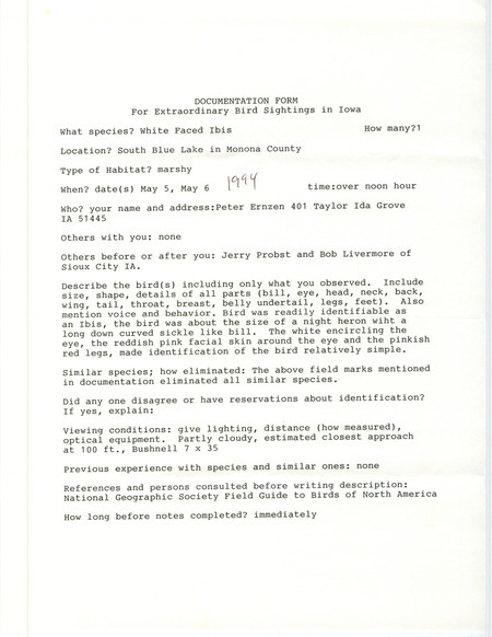 Rare bird documentation by Peter Ernzen for a White-faced Ibis at South Blue Lake in Monona County, IA on May 5 and 6, 1994.