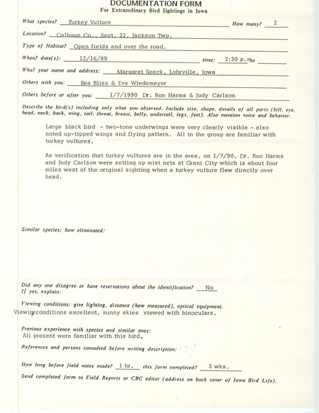 Rare bird documentation form for two Turkey Vultures at Jackson Township in Calhoun County, IA on December 16, 1989.