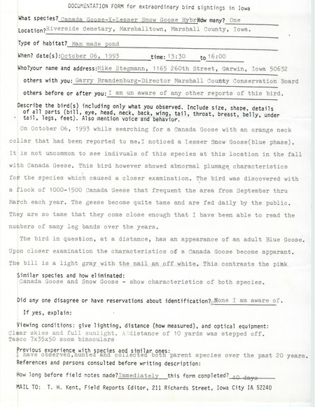 Rare bird documentation form for a Goose Species at Riverside Cemetery in Marshalltown in Marshall County, IA on October 6, 1993.