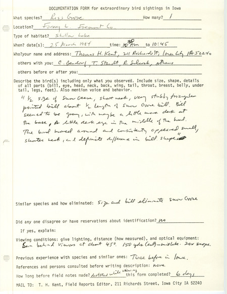 Rare bird documentation form for a Ross' Goose at Forneys Lake in Fremont County, IA on March 25, 1984.
