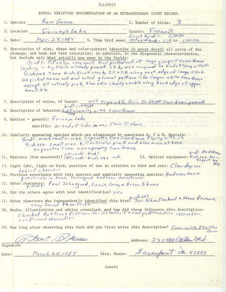 Rare bird documentation form for three Ross' Geese at Forneys Lake in Fremont County, IA on March 25, 1984.