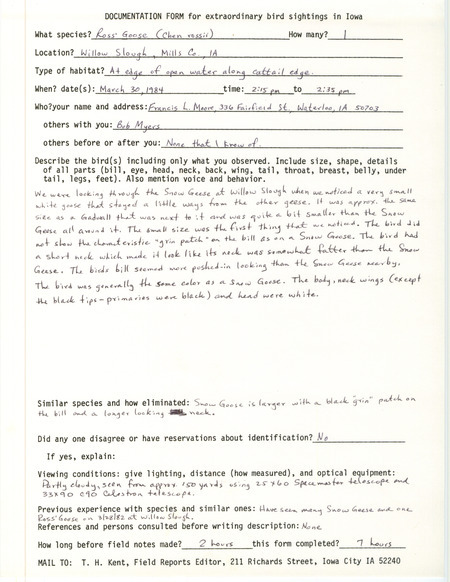 Rare bird documentation form for a Ross' Goose at Willow Slough in Mills County, IA on March 30, 1984.