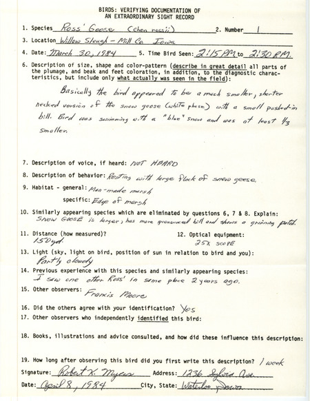 Rare bird documentation form for a Ross' Goose at Willow Slough in Mills County, IA on March 30, 1984.