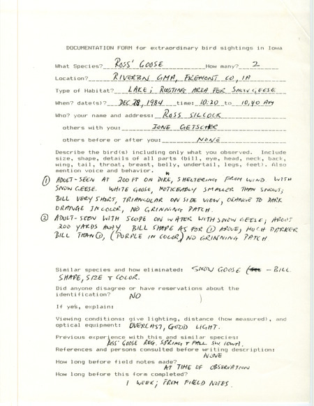 Rare bird documentation form for two Ross' Geese at Riverton Game Management Area in Fremont County, IA on December 28, 1984.