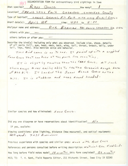 Rare bird documentation form for a Ross' Goose at Spring Lake Park in Cherokee in Cherokee County, IA on April 28, 1987.