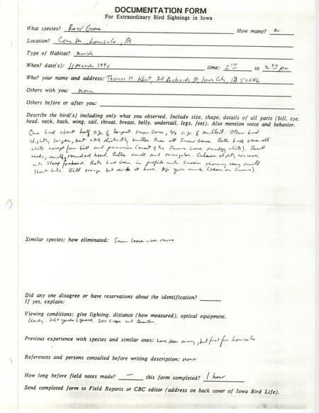 Rare bird documentation form for two Ross' Geese at Cone March in Louisa County, IA on March 11, 1990.