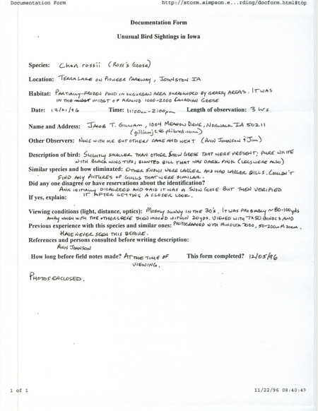 Rare bird documentation form for a Ross' Goose at Terra Lake in Johnston in Polk County, IA on December 1, 1996.