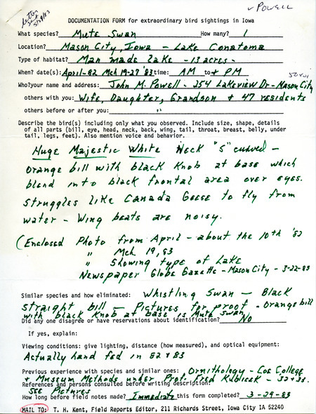 Rare bird documentation form for a Mute Swan at Lake Cona Toma in Mason City in Cerro Gordo County, IA on April 1982. It also includes an article "Sign of spring" in the Mason City Globe Gazette on March 22, 1983 about the bird sighting.
