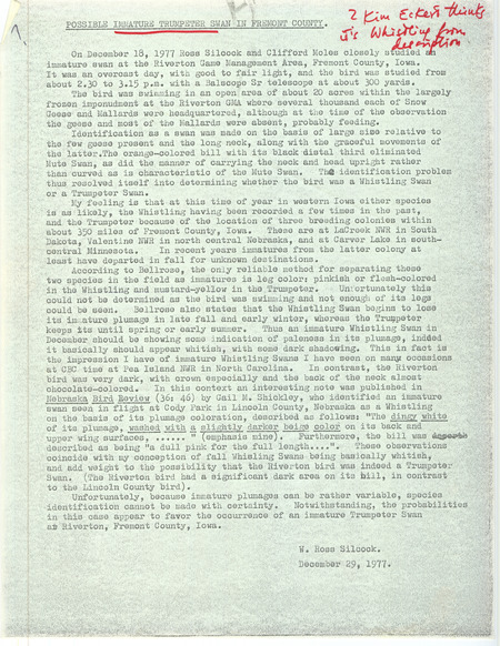 Documentation of a rare bird sighting by Ross Silcock and Clifford Moles for a Trumpeter Swan at Riverton Game Management Area in Fremont County, IA on December 18, 1977.