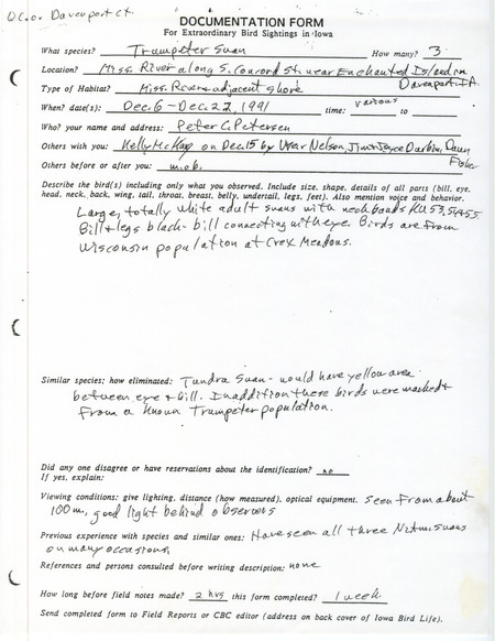 Rare bird documentation form for three Trumpeter Swans at Mississippi River near Enchanted Island in Davenport in Scott County, IA on December 6, 1991.